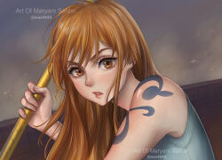 Rule 34 | 1girl, arm tattoo, artist name, bare shoulders, commentary, english commentary, english text, holding, holding staff, long hair, looking at viewer, mari945, nami (one piece), one piece, orange eyes, orange hair, sleeveless, solo, staff, tattoo