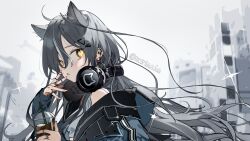 1girl animal_ear_fluff animal_ears artist_name bare_shoulders blue_jacket blush breasts cat_ears commentary_request crop_top cup disposable_coffee_cup disposable_cup ear_piercing enpera extra_ears from_side g.g.lemon grey_hair headphones headphones_around_neck highres holding holding_cup jacket jewelry long_sleeves looking_at_viewer looking_to_the_side multiple_rings open_clothes open_jacket original parted_lips piercing ring scarf small_breasts solo sparkle twitter_username upper_body yellow_eyes