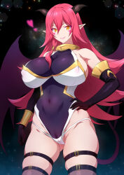 Rule 34 | 1girl, arnes, black gloves, bodysuit, breasts, character request, closed mouth, commentary request, covered navel, demon girl, demon tail, demon wings, elbow gloves, gloves, gradient background, hair between eyes, heart, highres, horns, huge breasts, joy ride, kono subarashii sekai ni bakuen wo!, kono subarashii sekai ni shukufuku wo!, long hair, looking at viewer, pointy ears, red hair, skindentation, smile, solo, standing, tail, thigh strap, very long hair, wings, yellow eyes