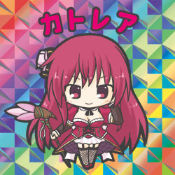 Rule 34 | 1girl, blush, breasts, brown sleeves, cattleya (flower knight girl), character name, chibi, cleavage, closed mouth, detached sleeves, dress, fishnet thighhighs, fishnets, flower, flower knight girl, full body, garter straps, hair flower, hair ornament, holding, holding staff, large breasts, long hair, long sleeves, looking at viewer, pink flower, puffy short sleeves, puffy sleeves, red dress, red eyes, red footwear, red hair, ri-net, shoes, short sleeves, smile, solo, staff, standing, thighhighs, v-shaped eyebrows, very long hair