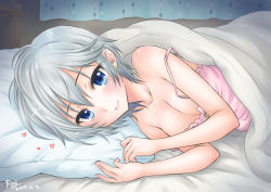 Rule 34 | 10s, 1girl, anastasia (idolmaster), babydoll, bare shoulders, bed, blue eyes, blush, breasts, cleavage, earrings, idolmaster, idolmaster cinderella girls, jewelry, looking at viewer, lying, on bed, on side, ozaki mirai, pillow, pov across bed, ribbon-trimmed underwear, ribbon trim, short hair, silver hair, smile, solo, strap slip, under covers, underwear