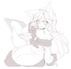 Rule 34 | 1girl, animal ears, breasts, cleavage, commentary request, dress, fang, imaizumi kagerou, long hair, long sleeves, looking at viewer, off-shoulder dress, off shoulder, open mouth, satou kibi, sidelocks, sitting, sketch, smile, solo, tail, touhou, white background, wide sleeves, wolf ears, wolf tail