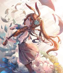 Rule 34 | 1girl, amiya (arknights), animal ears, arknights, bare shoulders, black pantyhose, blue eyes, blush, book, bow (music), brown hair, closed mouth, dress, flower, hair ornament, highres, holding, holding bow (music), holding instrument, holding violin, ice (icepuli), instrument, lily (flower), long hair, looking at viewer, music, note, pantyhose, paper, playing instrument, ponytail, rabbit ears, rabbit girl, sidelocks, smile, solo, standing, violin, wind