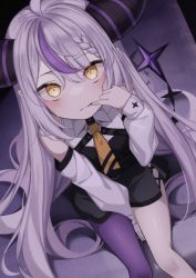 Rule 34 | 1girl, absurdres, blush, braid, detached sleeves, fang, fang out, highres, hololive, horns, karou (lhscck302), la+ darknesss, long hair, looking at viewer, multicolored hair, necktie, pointy ears, purple hair, purple thighhighs, single thighhigh, sitting, solo, tail, thighhighs, two-tone hair, virtual youtuber, yellow eyes