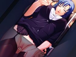Rule 34 | 1girl, 2boys, blue hair, censored, chikan, closed eyes, fingering, game cg, multiple boys, open mouth, pussy, thighhighs, train, train interior