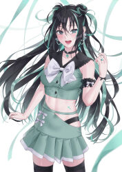Rule 34 | 1girl, arm cuffs, black hair, black sailor collar, black thighhighs, blush, bracelet, breasts, choker, collarbone, commentary, cowboy shot, double bun, earrings, gem, green eyes, green hair, green nails, green shirt, green skirt, hair bun, heart, heart tattoo, highres, jewelry, large breasts, long hair, looking at viewer, multicolored hair, navel, open mouth, original, pleated skirt, ribbon, ring, sailor collar, shirt, simple background, skirt, sleeveless, sleeveless shirt, smile, solo, symbol-only commentary, tattoo, teeth, thighhighs, two-tone hair, unjem, upper teeth only, very long hair, white background