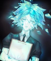 Rule 34 | 1other, androgynous, aqua eyes, aqua hair, b.s (fwpt2745), black jacket, commentary request, cracked skin, gem uniform (houseki no kuni), glowing, highres, holding, houseki no kuni, jacket, looking at viewer, lying, mixed-language commentary, necktie, on back, other focus, phosphophyllite, puffy short sleeves, puffy sleeves, shirt, short hair, short sleeves, solo, upper body, white shirt