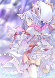 Rule 34 | 1girl, :&lt;, ahoge, animal ears, animal hands, ass, bad id, bad pixiv id, bat wings, blue hair, bow, cat ears, cat girl, cat tail, female focus, frilled thighhighs, frills, gloves, hat, hat ribbon, highres, kemonomimi mode, looking back, panties, pantyshot, paw gloves, red eyes, remilia scarlet, ribbon, scar, scarf, short hair, shunsuke, solo, striped clothes, striped panties, tail, thighhighs, touhou, underwear, unworn hat, unworn headwear, white thighhighs, wings, wrist ribbon