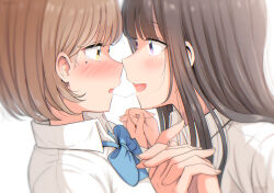 Rule 34 | 2girls, after kiss, betock, black hair, blush, brown hair, commentary request, eye contact, highres, long hair, looking at another, mole, mole under eye, multiple girls, open mouth, original, purple eyes, saliva, saliva trail, short hair, simple background, smile, tears, white background, yellow eyes