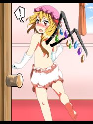 Rule 34 | !, 1girl, bad id, bad pixiv id, bare legs, barefoot, blonde hair, bloomers, blush, elbow gloves, embodiment of scarlet devil, female focus, flandre scarlet, gloves, hat, hat ribbon, highres, indoors, letterboxed, open door, open mouth, oriennto, red eyes, ribbon, side ponytail, solo, tears, topless, touhou, underwear, underwear only, wavy mouth, white bloomers, white gloves, window, wings