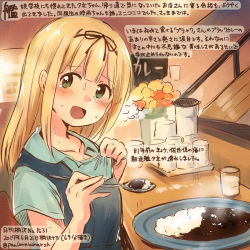 Rule 34 | 10s, 1girl, alternate costume, black ribbon, blonde hair, blue shirt, blush, colored pencil (medium), commentary request, cup, curry, curry rice, dated, drinking glass, food, green eyes, hair ribbon, holding, holding spoon, kantai collection, kirisawa juuzou, long hair, numbered, open mouth, ribbon, rice, shirt, short sleeves, smile, solo, spoon, sweat, traditional media, translation request, twitter username, yuudachi (kancolle)