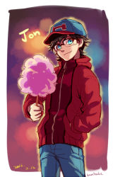 Rule 34 | 1boy, baseball cap, black hair, blue eyes, blurry, bokeh, character name, closed mouth, cotton candy, cowboy shot, cr72, dc comics, depth of field, glasses, hand in pocket, hat, jacket, jonathan kent, looking at viewer, male focus, outline, red jacket, short hair, solo, superboy, superman (series)