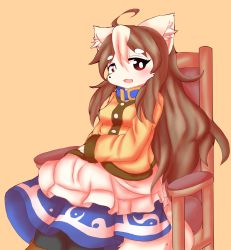 Rule 34 | 1girl, absurdres, artist request, brown eyes, brown hair, dog, female focus, furry, furry female, highres, open mouth, simple background, sitting, skirt, solo