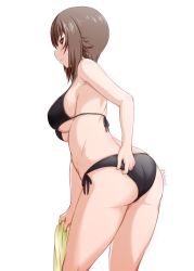 Rule 34 | 1girl, adjusting clothes, adjusting swimsuit, ass, back, bikini, black bikini, blush, breasts, brown eyes, brown hair, commentary, from behind, girls und panzer, holding, holding towel, leaning forward, looking at viewer, looking back, medium breasts, nishizumi maho, one-hour drawing challenge, parted lips, short hair, side-tie bikini bottom, simple background, solo, standing, swimsuit, thighs, towel, twitter username, underboob, white background, yts takana