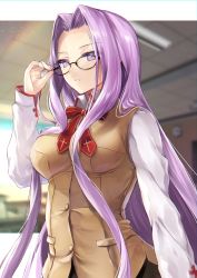 Rule 34 | 1girl, absurdres, blurry, blurry background, blush, breasts, brown vest, classroom, collared shirt, fate/stay night, fate (series), forehead, glasses, hane yuki, highres, homurahara academy school uniform, large breasts, long hair, long sleeves, looking at viewer, medusa (fate), medusa (rider) (fate), neck ribbon, parted bangs, parted lips, purple eyes, purple hair, red ribbon, ribbon, school uniform, shirt, sidelocks, very long hair, vest, white shirt