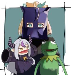 Rule 34 | 1girl, ahoge, ascot, bag over head, blonde hair, braid, braided bangs, character doll, collar, demon horns, eyelashes, futoshi tanaka, green background, green eyes, grey hair, hair ornament, hand puppet, highres, hololive, horns, kazama iroha, kermit the frog, la+ darknesss, leaf hair ornament, long hair, looking at viewer, medium hair, metal collar, multicolored hair, muppets, open mouth, pointy ears, puppet, purple hair, purple shirt, shadow, shirt, sidelocks, solo, streaked hair, striped horns, virtual youtuber, wide sleeves, yellow ascot, yellow eyes