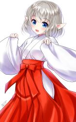 Rule 34 | 1girl, blue eyes, blush, dated, elf, hakama, hakama skirt, highres, japanese clothes, miko, open mouth, original, pointy ears, red hakama, short hair, silver hair, simple background, skirt, sleeves past wrists, solo, white background, wide sleeves, yamaguchi yuu