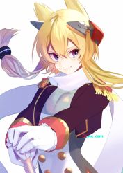 Rule 34 | 1girl, animal ears, azur lane, black jacket, blonde hair, blue eyes, breasts, closed mouth, commentary, cropped jacket, double-breasted, epaulettes, floating hair, gloves, hair between eyes, hand on hilt, headpiece, highres, hitsujike (hamsterhouse), jacket, long hair, looking at viewer, military, military uniform, scarf, simple background, small breasts, smile, solo, sword, twintails, twitter username, uniform, upper body, warspite (azur lane), weapon, white background, white gloves, white scarf