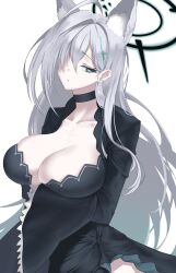Rule 34 | 1girl, absurdres, animal ear fluff, animal ears, black dress, blue archive, blue eyes, breasts, choker, crimecrime, cross hair ornament, dress, extra ears, grey hair, hair ornament, halo, highres, large breasts, long hair, long sleeves, looking at viewer, shiroko (blue archive), shiroko terror (blue archive), solo, wolf ears