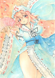 Rule 34 | 1girl, absurdres, acrylic paint (medium), bad id, bad pixiv id, blush, folding fan, hand fan, hat, highres, japanese clothes, kimono, open mouth, painting (medium), petals, pink eyes, pink hair, saigyouji yuyuko, shie (m417), solo, thighs, touhou, traditional media, triangular headpiece, watercolor (medium), wide sleeves
