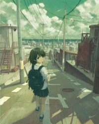 Rule 34 | 1girl, artist name, backpack, bag, black eyes, black footwear, black skirt, building, city, cityscape, commentary request, from behind, highres, kensight328, looking back, original, power lines, road, scenery, school uniform, shirt, shoes, skirt, socks, solo, stairs, street, summer, utility pole, watermark, white shirt, white socks