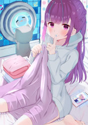 Rule 34 | 1girl, barefoot, bed sheet, blue hair, blue nails, blunt bangs, blush, braid, cellphone, closed mouth, clothes on bed, finger to mouth, hands up, highres, holding, holding sheet, hololive, hood, hoodie, index finger raised, long hair, long sleeves, looking at viewer, minato aqua, multicolored hair, nail polish, neko (minato aqua), on bed, phone, pink eyes, purple hair, sidelocks, sitting, smartphone, smile, solo, streaked hair, virtual youtuber, wariza, white hoodie, yugu lemon