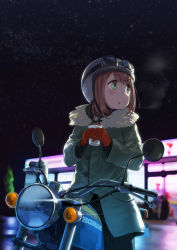 Rule 34 | 1girl, blush, brown hair, character request, coat, gloves, green eyes, helmet, highres, looking to the side, minawa, motor vehicle, motorcycle, night, night sky, open mouth, outdoors, short hair, sky, solo, star (sky), starry sky, toki ayano, winter clothes, winter coat, yurucamp