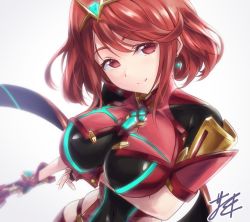 Rule 34 | 1girl, armor, bad id, bad twitter id, blush, breasts, earrings, fingerless gloves, gloves, hair ornament, headpiece, jewelry, large breasts, long hair, looking at viewer, nintendo, pyra (xenoblade), red eyes, red hair, red shorts, short hair, shorts, shoulder armor, smile, solo, swept bangs, tiara, xenoblade chronicles (series), xenoblade chronicles 2, yoshiomi