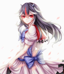 Rule 34 | 1girl, alternate hair length, alternate hairstyle, bad id, bad pixiv id, black hair, bow, cone horns, dress, dress grab, from side, grey horns, half-closed eyes, hand on own stomach, highres, horns, kijin seija, light smile, long hair, looking at viewer, looking to the side, puffy short sleeves, puffy sleeves, red eyes, red hair, sheya, short sleeves, simple background, solo, touhou, white dress, white hair
