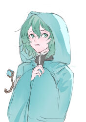 Rule 34 | 1other, androgynous, black shirt, blue jacket, commentary request, green eyes, green hair, hair between eyes, hands up, highres, hood, hood up, hooded jacket, jacket, len&#039;en, long sleeves, open mouth, other focus, shirt, shitodo aoji, short hair, sketch, solo, upper body, yoni.