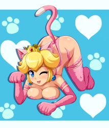 Rule 34 | 1girl, :p, animal ears, animal hands, ass, blonde hair, blue eyes, blush, breast press, breasts, cat paws, cat tail, cleavage, crown, earrings, fur, highres, jewelry, large breasts, mario (series), nintendo, one eye closed, princess peach, sigurd hosenfeld, solo, super mario 3d world, super mario bros. 1, tail, tongue, tongue out, top-down bottom-up, wink