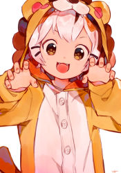 Rule 34 | 1boy, animal costume, animal ears, animal print, brown eyes, cat boy, child, commentary, english commentary, fangs, hair ornament, hairclip, highres, indie virtual youtuber, looking at viewer, male focus, nemui (nemuriyagi), open mouth, paw print, simple background, smile, solo, tatamaru (vtuber), tiger costume, tiger print, virtual youtuber