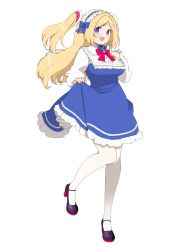 Rule 34 | 1girl, :d, aki rosenthal, blonde hair, blue bow, blue dress, blue eyes, blue hairband, blue ribbon, bow, breasts, clothes lift, detached hair, dress, dress lift, facing away, frilled dress, frills, hairband, hand on own chest, hand up, high heels, highres, hololive, large breasts, leg up, lolita fashion, lolita hairband, long hair, long sleeves, multicolored eyes, okunin, open mouth, pantyhose, purple eyes, purple footwear, ribbon, shoes, simple background, smile, solo, standing, standing on one leg, two side up, virtual youtuber, white background, white pantyhose
