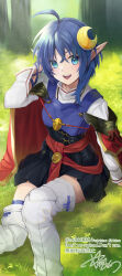 Rule 34 | 1girl, ahoge, blue eyes, blue hair, cape, crescent, crescent hair ornament, fujishino shikino, grass, hair ornament, highres, looking at viewer, open mouth, pointy ears, red cape, rena lanford, short hair, skirt, smile, solo, star ocean, star ocean the second story, thighhighs, tree