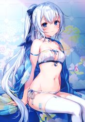 Rule 34 | 1girl, absurdres, arm ribbon, arms at sides, barcode, barcode tattoo, bikini, blue eyes, blush, breasts, choker, cleavage, earrings, floral print, hair ribbon, highres, huge filesize, jewelry, komeshiro kasu, long hair, looking at viewer, medium breasts, navel, off shoulder, original, pointy ears, ponytail, ribbon, scan, side-tie bikini bottom, sitting, solo, strapless, strapless bikini, swimsuit, tattoo, thighhighs, tile wall, tiles, very long hair, white bikini, white hair, white thighhighs, wings