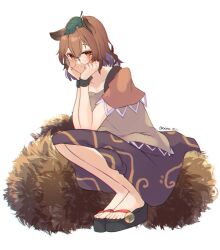 Rule 34 | 1girl, animal ears, aoko (myut7287), blush, brown eyes, brown hair, brown shirt, brown skirt, brown wrist cuffs, closed mouth, full body, futatsuiwa mamizou, geta, hand on own face, highres, leaf, leaf on head, raccoon ears, raccoon girl, raccoon tail, round eyewear, sand, shirt, short hair, short sleeves, simple background, skirt, smile, solo, squatting, tail, toes, touhou, white background