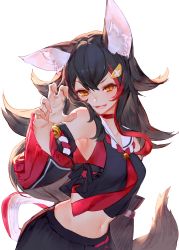 Rule 34 | 1girl, animal ear fluff, animal ears, armpits, bell, black hair, black skirt, blush, choker, claw pose, collarbone, commentary request, cowboy shot, detached sleeves, fang, fingernails, hair between eyes, hair ornament, hairclip, hand up, hololive, izumi sai, japanese clothes, kouhaku nawa, long hair, long sleeves, looking at viewer, multicolored hair, navel, ookami mio, ookami mio (1st costume), open mouth, red choker, red hair, red neckwear, rope, sharp fingernails, shimenawa, simple background, skin fang, skirt, smile, solo, streaked hair, tail, virtual youtuber, white background, wide sleeves, wolf ears, wolf tail, yellow eyes