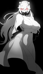 Rule 34 | 10s, 1girl, absurdres, abyssal ship, bad id, bad pixiv id, black nails, breast hold, breasts, cleavage, colored skin, covered erect nipples, covered mouth, covered navel, crossed arms, curvy, female focus, glowing, glowing eyes, gradient background, highres, horns, huge breasts, kantai collection, large breasts, long hair, looking to the side, master cake, midway princess, monochrome, monster girl, nail polish, red eyes, solo, spot color, standing, white hair, white skin, wide hips