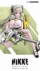 Rule 34 | 1girl, antenna hair, apron, artist request, breasts, chest harness, cleavage, commentary request, copyright name, double bun, dress, frilled apron, frills, full body, goddess of victory: nikke, green hair, grid background, gun, hair bun, hair ornament, hairclip, harness, heavy machine gun, highres, holding, holding gun, holding weapon, kneeling, large breasts, machine gun, maid, maid headdress, mary janes, mole, mole on breast, official art, pink eyes, shoes, sleeveless, sleeveless dress, soda (nikke), solo, teeth, thighhighs, twintails, two-tone gloves, upper teeth only, weapon, white thighhighs, zoom layer