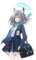Rule 34 | 1girl, absurdres, animal ear fluff, animal ears, bag, black bag, black skirt, blazer, blue archive, blue eyes, blue jacket, blue necktie, blue scarf, breasts, closed mouth, cowboy shot, cross hair ornament, furrowed brow, gloves, green gloves, grey hair, hair ornament, halo, highres, id card, jacket, kimbird, light blush, long hair, long sleeves, mismatched pupils, necktie, open clothes, open jacket, plaid, plaid skirt, scarf, school bag, school uniform, shiroko (blue archive), shirt, shirt tucked in, shoulder bag, simple background, skirt, solo, striped clothes, striped scarf, two-tone gloves, white background, white shirt, wind, wolf ears