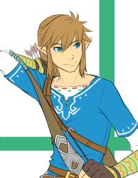 Rule 34 | 1boy, arrow (projectile), blue eyes, bow (weapon), eudy, flat color, link, male focus, nintendo, pointy ears, solo, standing, the legend of zelda, the legend of zelda: breath of the wild, upper body, weapon