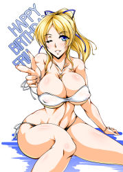 Rule 34 | 10s, ayase eli, birthday, blonde hair, blue eyes, blush, breasts, bursting breasts, kanten, large breasts, looking at viewer, love live!, love live! school idol project, smile, swimsuit, wink