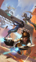 Rule 34 | 2girls, 3boys, absurdres, aiming, animal print, armor, artist name, beard, black hair, blue sky, bodysuit, bomb, bomber jacket, bow (weapon), breasts, brown eyes, brown hair, brown jacket, canyon, cassidy (overwatch), chest harness, cloud, cowboy hat, cross-laced clothes, cross-laced legwear, cyborg, d.va (overwatch), dated, day, dual wielding, energy, explosive, facepaint, facial hair, facial mark, finger on trigger, firing, foreshortening, full body, genji (overwatch), gloves, goggles, gun, hair ribbon, handgun, hanzo (overwatch), harness, hat, headphones, helmet, high collar, highres, holding, holding bow (weapon), holding gun, holding weapon, jacket, japanese clothes, jumping, katana, kneeling, leather, leather jacket, light smile, lips, long hair, looking at another, looking at viewer, mask, medium breasts, meka (overwatch), multiple boys, multiple girls, nose, on one knee, one eye closed, orange bodysuit, outdoors, overwatch, overwatch 1, pants, parted lips, pilot suit, pink lips, pistol, poncho, ponytail, power armor, rabbit print, ribbed bodysuit, ribbon, road, serious, sheath, short sleeves, shoulder pads, shuriken, signature, skin tight, sky, spiked hair, swept bangs, sword, tattoo, tight clothes, tight pants, tracer (overwatch), vambraces, weapon, whisker markings, white gloves, xiaofei syrup