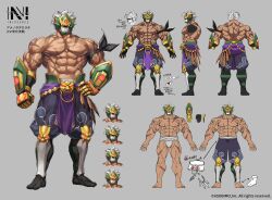 Rule 34 | 1boy, abs, ame-no-tadikarao (n-innocence), armband, armor, bara, belt, biceps, character sheet, dai-xt, dark skin, gauntlets, grey background, helmet, highres, knee pads, large pectorals, logo, loincloth, looking at viewer, male focus, manly, mature male, muscular, muscular male, n-innocence, nipples, orange eyes, pants, pectorals, scar, simple background, socks, solo, thick arms, thick eyebrows, thick thighs, thighs, veins, white hair