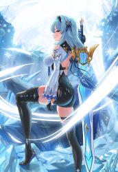 Rule 34 | 1girl, absurdres, arm at side, ass, black footwear, black gloves, black hairband, black shorts, blue hair, boots, breasts, brown eyes, commentary, elsynien, english commentary, eula (genshin impact), from side, genshin impact, gloves, hairband, high-waist shorts, high heel boots, high heels, highres, holding, holding sword, holding weapon, large breasts, long sleeves, looking at viewer, looking to the side, medium hair, parted lips, shorts, sideways glance, snowflakes, solo, standing, sword, thigh boots, thighhighs, v-shaped eyebrows, weapon