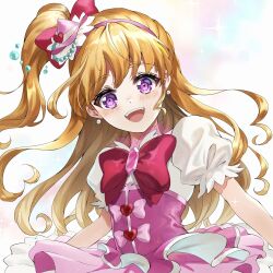 Rule 34 | 1girl, asahina mirai, blonde hair, bow, bowtie, brooch, commentary, cure miracle, dress, earrings, frilled dress, frilled sleeves, frills, hair bow, hairband, hat, highres, jewelry, long hair, looking at viewer, magical girl, mahou girls precure!, mini hat, mini witch hat, muginome (bakuga chan2), one side up, pink dress, pink hairband, precure, puffy short sleeves, puffy sleeves, purple eyes, red bow, red bowtie, short dress, short sleeves, solo, tilted headwear, two-tone dress, white dress, witch hat