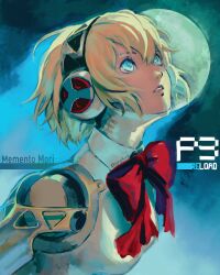Rule 34 | 1girl, absurdres, aegis (persona), android, artist name, blonde hair, blue background, blue eyes, bow, commentary, copyright name, english commentary, eyelashes, full moon, headphones, highres, kornart, looking up, moon, parted lips, persona, persona 3, persona 3 reload, red bow, short hair, solo, twitter username, upper body