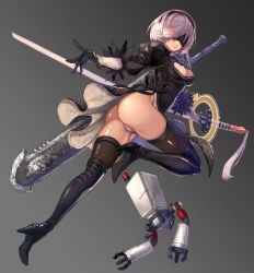Rule 34 | 1girl, absurdres, ass, black gloves, black thighhighs, blindfold, bob cut, boots, breasts, cleavage, cleavage cutout, clothing cutout, full body, gloves, gradient background, hairband, high heel boots, high heels, highleg, highleg leotard, highres, huge weapon, juliet sleeves, leg up, leotard, long sleeves, medium breasts, nier (series), nier:automata, ootachi, outstretched arm, parted lips, pod (nier:automata), puffy sleeves, qbspdl, silver hair, simple background, solo, sword, thigh boots, thighhighs, twisted torso, weapon, 2b (nier:automata)
