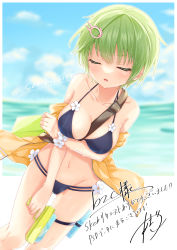 Rule 34 | 1girl, absurdres, amatsuji, bare shoulders, between breasts, bikini, black bikini, breast hold, breasts, cleavage, collarbone, closed eyes, facing viewer, flower bracelet, green hair, groin, halterneck, highres, holding, jacket, medium breasts, multi-strapped bikini, navel, nomura miki, off shoulder, open clothes, open jacket, open mouth, outdoors, short hair, solo, stomach, strap, string bikini, summer pockets, swimsuit, thigh strap, thighs, v-shaped eyebrows, water gun, wet, yellow jacket