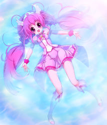 Rule 34 | 10s, 1girl, aqua background, bike shorts, bike shorts under skirt, boots, bow, bowtie, breasts, brooch, cure happy, dress, full body, head wings, hoshizora miyuki, jewelry, knee boots, long hair, magical girl, medium breasts, outstretched hand, pink bow, pink bowtie, pink dress, pink eyes, pink hair, pink shorts, pink skirt, precure, shorts, shorts under skirt, skirt, smile, smile precure!, solo, sora to umi, tiara, twintails, wings, wrist cuffs